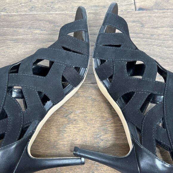 CALVIN KLEIN Kiani Peep Toe Suede Heels Black Sz 8 EUC - Picture 4 of 8